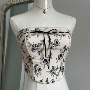 Floral Black and Cream Strapless Top